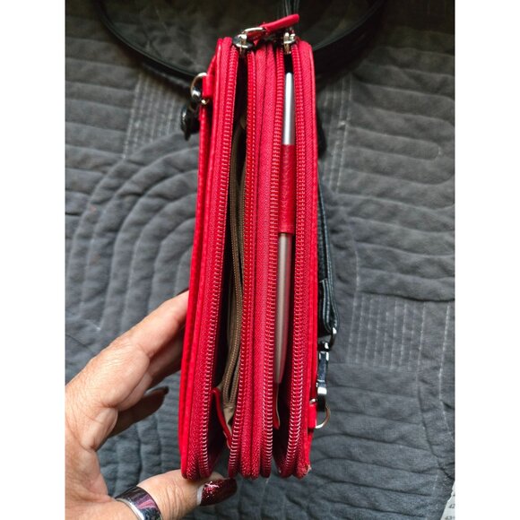 Buxton Red Vegan Leather Zip Around RFID Wallet w/Black Strap - Picture 4 of 9